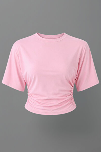 Potenza Kadın T-Shirt Kısa Yarasa Kol Bisiklet Yaka Yandan Büzgülü Darpeli Sa...