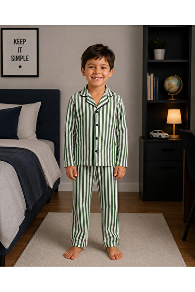 Fil Kids Set de pijamale de vară cu mânecă scurtă, 100% bumbac, cu dungi verz...