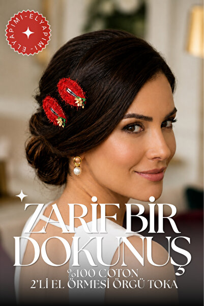 El Örgüsü Çıt Çıt Saç Tokası 2’li Set, Çiçek Detaylı Pamuk İp Örgü Toka / Kırmızı