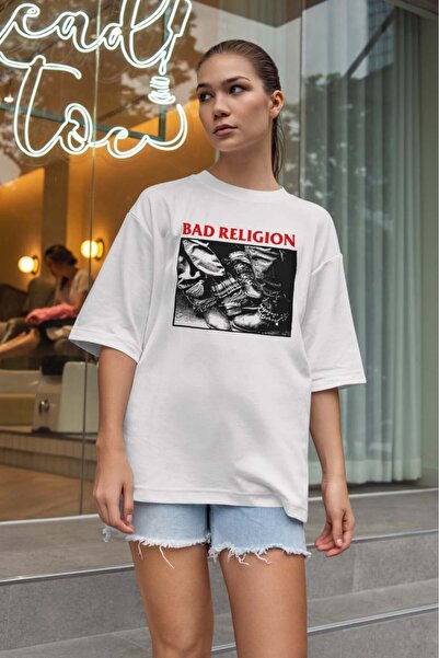 buzagi tasarım ürünleri Bad Religion Oversize Fit Unisex White T-Shirt