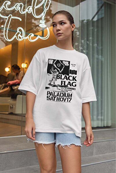 buzagi tasarım ürünleri Black Flag Oversize Unisex White T-Shirt