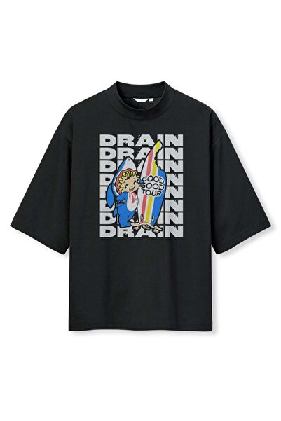 buzagi tasarım ürünleri Drain Digital Print Oversize Black Unisex T-Shirt