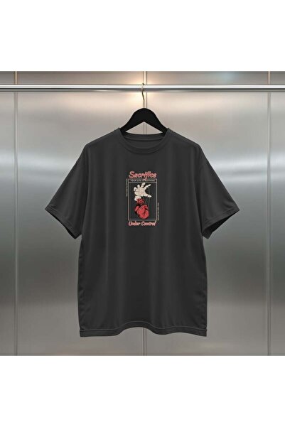 buzagi tasarım ürünleri Sacrifice Digital Print Oversize Unisex Black T-Shirt