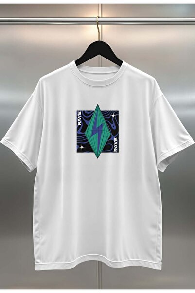 buzagi tasarım ürünleri Rave Digital Print Oversize Unisex White T-Shirt