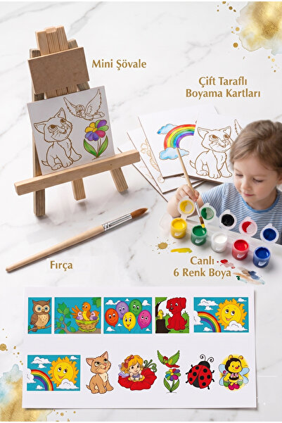 HOBBYRONS 5'li Çocuk Boyama Seti - Boyama Kartları, Mini Şövale, Fırça ve Boy...