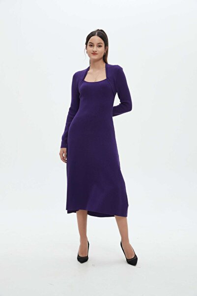 mica Square Neck Long Sleeve Solid Midi Dress for Women