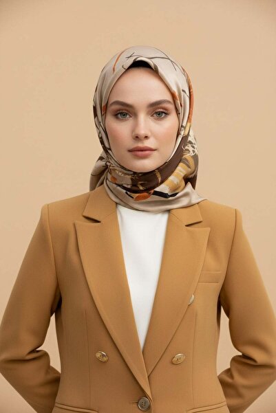 Vissona %100 Twill İpek Geometrik Desenli Bej - Taba Renkli 90x90 Eşarp Dikim...