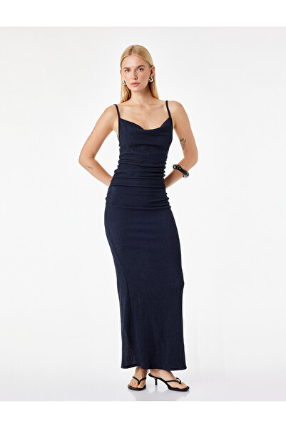 Koton Bürümcük Fabric Textured Slim Fit Draped Slit Thin Strap Midi Pencil Dress