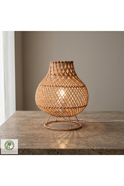 Renesse Home Ruwa El Yapımı Rattan Masa Lambası – Doğal Rattan Abajur Bohem D...