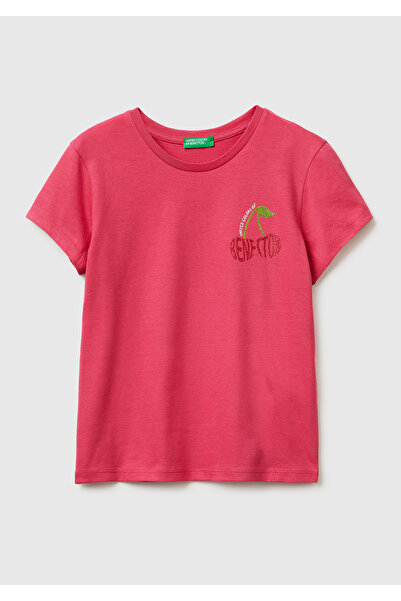 United Colors of Benetton Kız Çocuk Koyu Pembe Simli Logolu Bisiklet Yaka T-S...