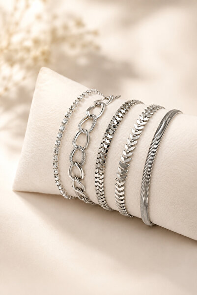 Crc Bijuteri Silver Color Italian Chain Detailed 5-Piece Combination Bracelet
