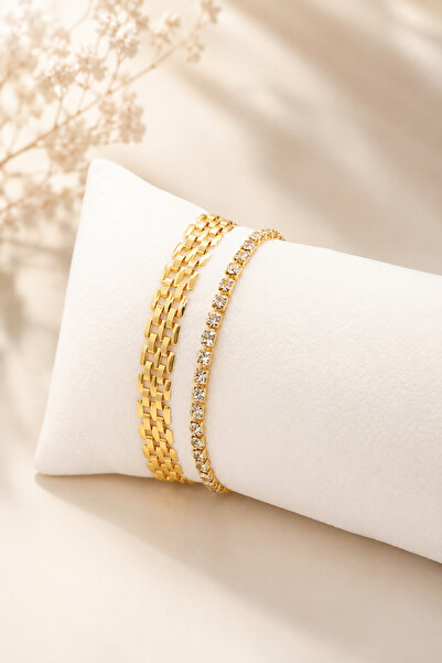 Crc Bijuteri Gold Color 2-Piece Combination Women's Bracelet Set
