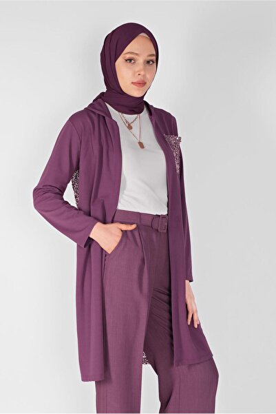 TRENDTESETTÜR KADIN MOR PUL PAYETLİ KAPÜŞONLU HIRKA 3656