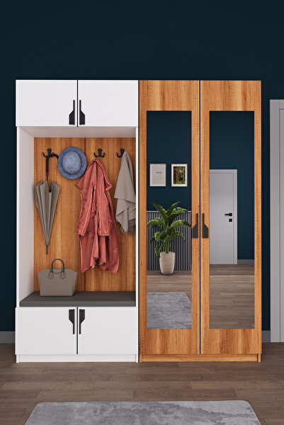 asratrend Lüks Aynalı Portmanto Askılı Vestiyer %100 MDF Çok Raflı Ayakkabılı...