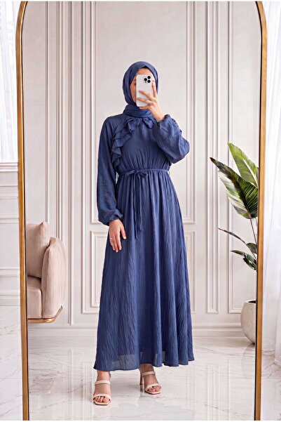 MİHRA STORE Dilgenur Shoulder Ruffle Chiffon Dress-Bn4635 Navy Blue