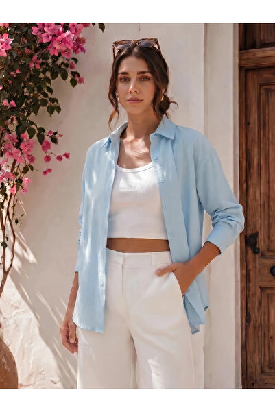 Styli Blue Linen Blend Oversized Shirt