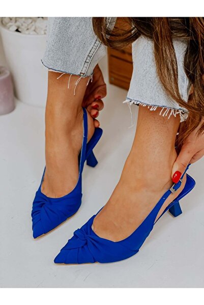 ERVANIN BUTİĞİ Saks Mavi Saten (Bow) Fiyonk Detay Kadın Stiletto