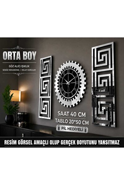 EYKA STORE Dekoratif 3 Lü Set Pleksi Gümüş Aynalı 3d Kabartmalı El Boyaması Ş...