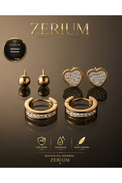 ZERİUM Women's Gold Steel 3-Piece Earring Set with Zircon Stone, Heart and Ho...