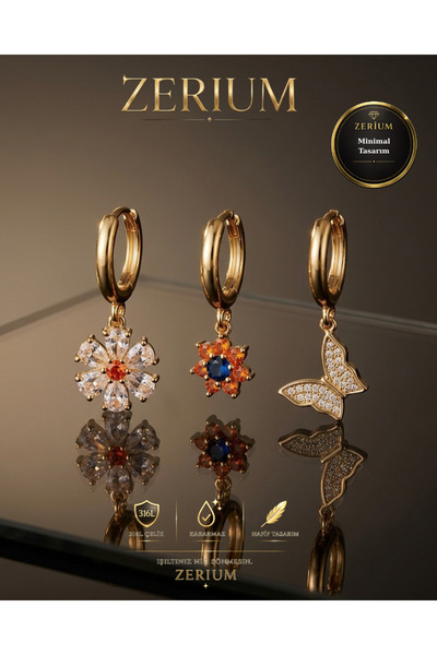 ZERİUM Women's Gold Steel 3-Piece Earring Set with Colorful Stones, Flower an...