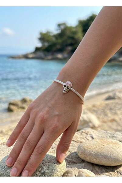 My Story Pembe Gül Detaylı Kurukafa Gümüş Charm