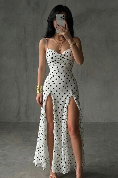 Vavelsa Double Slit Ruffled Polka Dot Long Dress