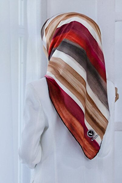 VİOLLA Twill Suluboya Çizgi Desenli Bordo - Vizon Renkli 90x90 Eşarp (İpek İç...