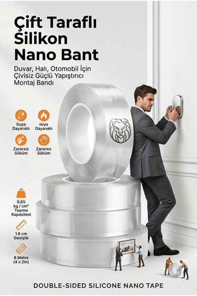 Transformacion 8 Metre Çift Taraflı Şeffaf Akrilik Silikon Nano Bant - Duvar,...