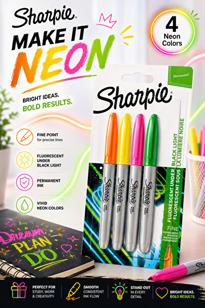 Sharpie 1 Pack 4 Fine Point Permanent Markers Neon Colors Fluorescent Under B...