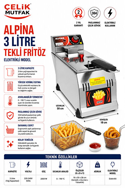 ALPİNA MUTFAK Alpina 3 Litre Profesyonel Fritöz 220V Paslanmaz Çelik Sanayi T...