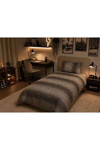ŞENER HOME Cotton Single Fitted (Elastic) Leopard Patterned Duvet Cover Set w...