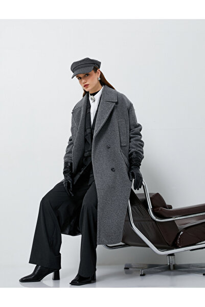 Koton Long Stretch Coat Double Breasted Collar Buttoned Pocket