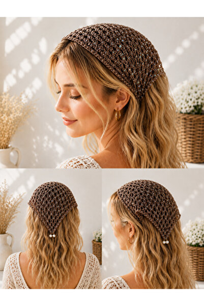 ESYCREATİVE ESY Bohem Örme Saç Bandası, Fular, Kahverengi Pullu Bandana