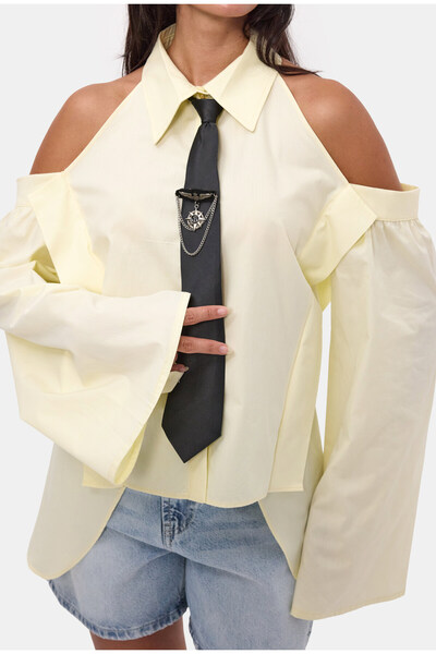 it's basic Women's Light Yellow Oversize Special Design Shirt with Tie
