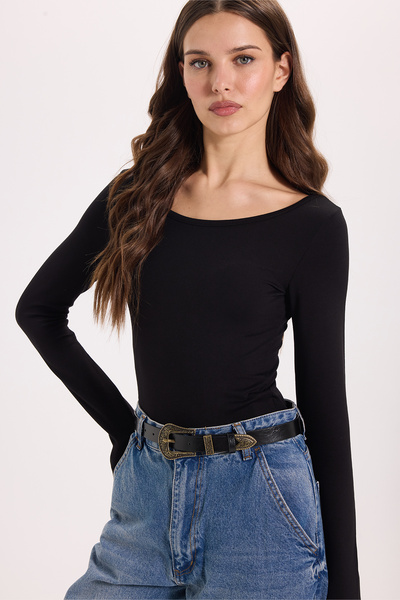 Tudors Γυναικεία Slim Fit Slim Fit μακρυμάνικη μαύρη μπλούζα βισκόζης