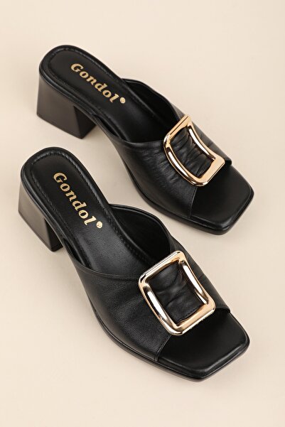 Gondol Genuine Leather Mid-Heel Buckle Women's Slippers Pkr.19008 Black
