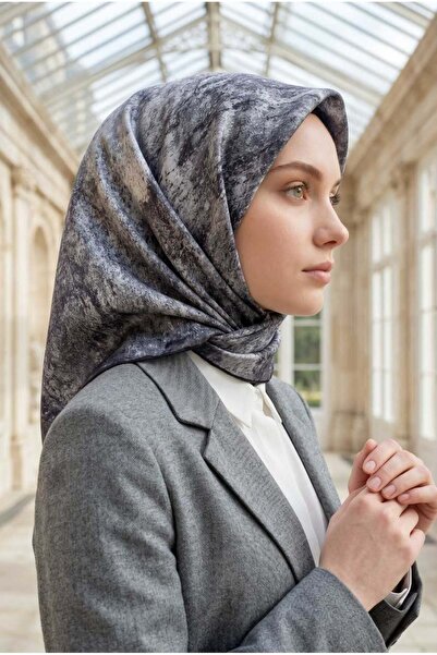 Vissona % 57 İPEK % 43 VİSKON Twill İpek Doku Desenli Gümüş Renkli 90x90 Eşar...