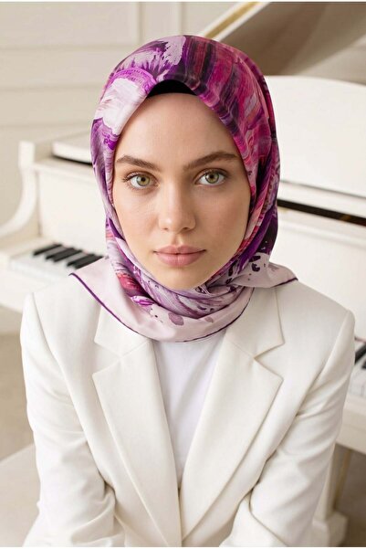 Vissona %100 Twill İpek Fırça Darbesi Desenli Mor - Pembe Renkli 90x90 Eşarp ...