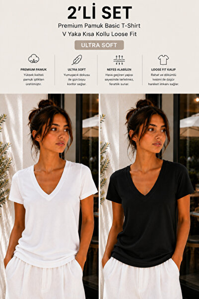 Hayalet Kadın V Yaka Kısa Kollu T-Shirt Ultra Soft Basic Bluz - Loose Fit/Bol...