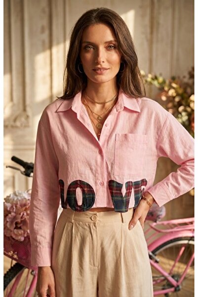 EsSo butik Women's Love Embroidered Plaid Detailed Poplin Crop Shirt
