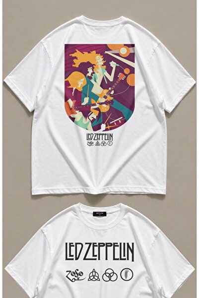 Fuddy Moda Tricou unisex colorat cu imprimeu Led Zeppelin, tricou supradimens...