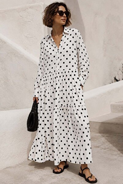 Madmext White Long Sleeve Buttoned Patterned Dress Mg2430