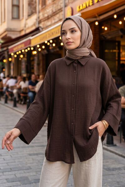 Naknaku Women's Hijab Shirt Brown Double Sleeve Muslin Fabric Summer Comforta...