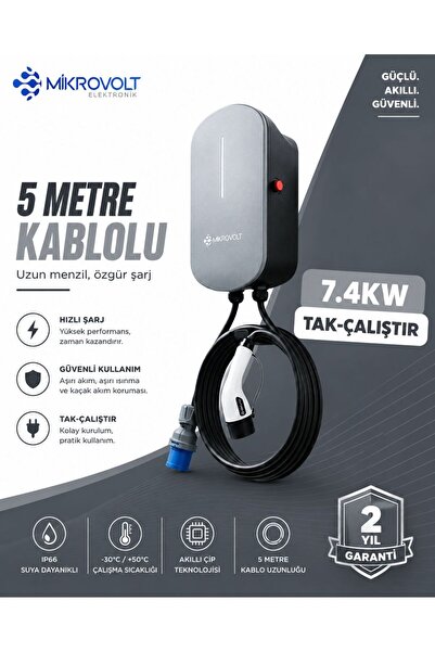 7.4kW Wallbox Araç Şarj İstasyonu (Gri)