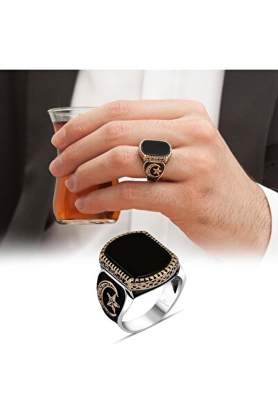 ALYANSEVİM Oniks Taşlı Ayyıldız Desenli Gümüş Erkek Yüzük