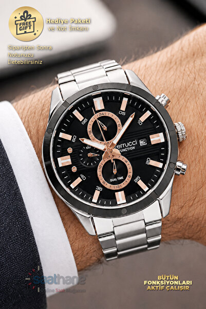 Ferrucci Fonksiyonlu Takvimli Dual Time Siyah Kadran Çelik Erkek Kol Saati 18...