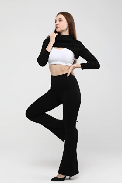 THIFF GYMWEAR Ženske crne elastične čelične pletene leggins sa zvonastim donj...