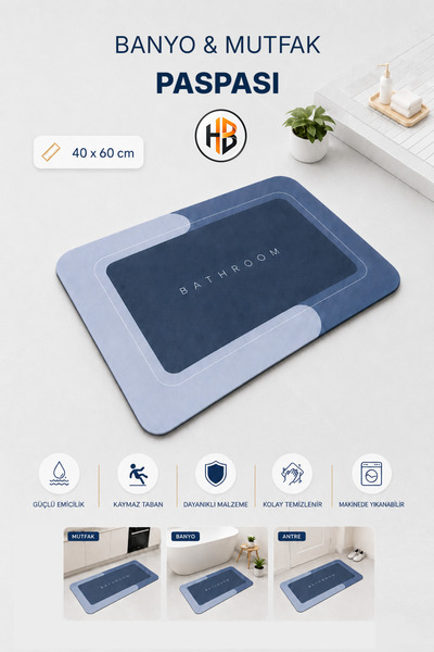 HOBİLON 40×60 Cm Banyo Mutfak için Kaymaz Taban & Su Emici Banyo & Mutfak Mat...