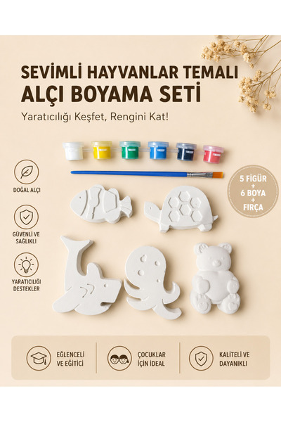 Şahi Workshop 5’li Deniz & Hayvan Figürlü Alçı Boyama Seti – 6 Renk Boya + Fı...