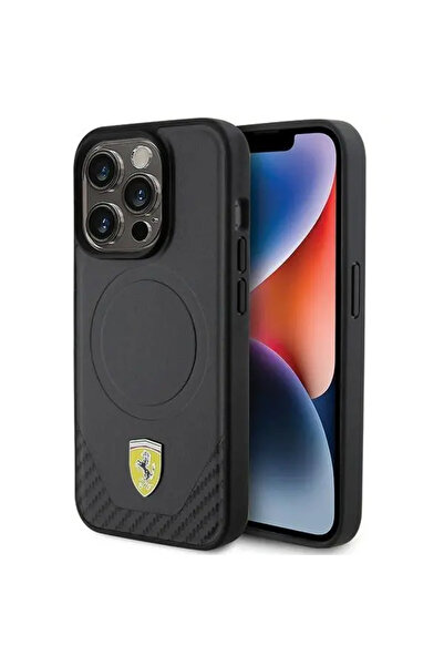 Ferrari Carcasă MagSafe cu logo din metal carbon pentru iPhone 15 Pro - negru